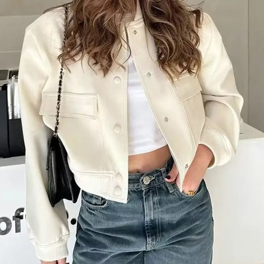 Sophie - White Cropped Bomber Jacket